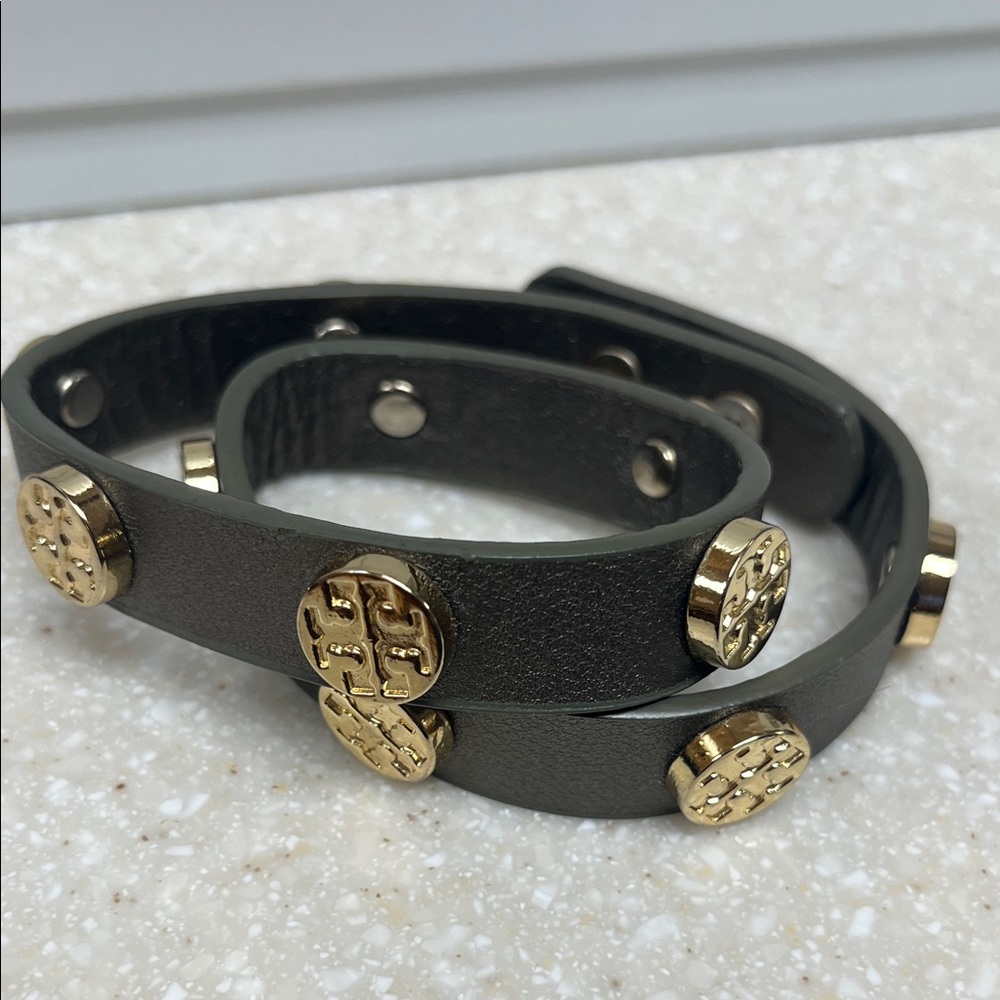 Tory Burch Olive Green Double-Wrap Leather Bracelet with Gold Logo Studs